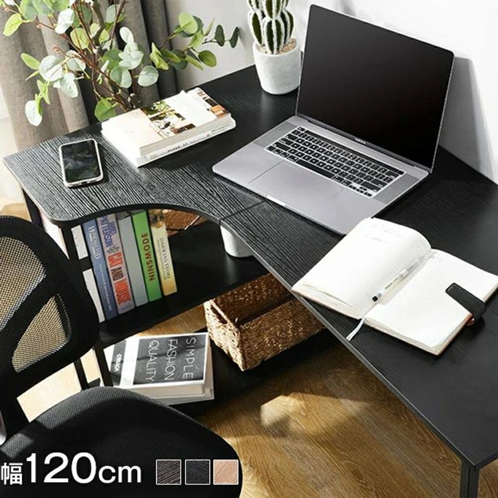 パソコンデスク l字 デスク L字 120cm 2段シェルフ付 l字型 木製 収納付 座デスク ミシン台 シェルフ付..