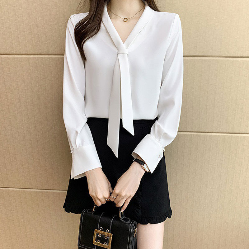 シフォン ブラウス 長袖 レディース スカーフタイブラウス スカーフタイ ブラウス シャツ 白 大きいサイズ 長袖ブラウス シフォンブラウス vネック 通勤 入学式 卒業式 無地 おしゃれ きれいめ フォーマル オフィス 30代 40代 40代 シンプル 服装 ママ 送料無料 2