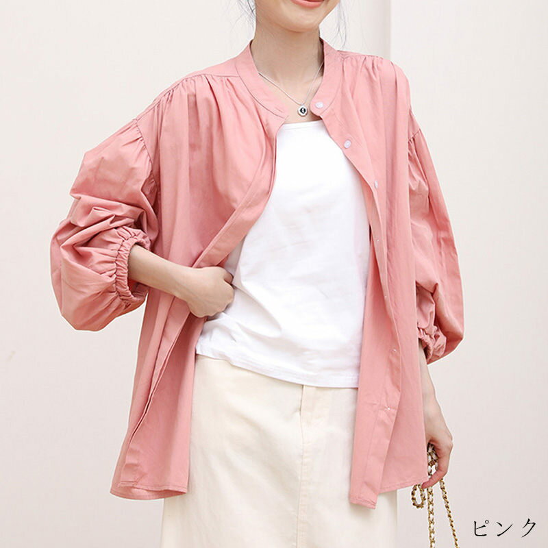 シャツ 羽織り レディース 夏 薄手 チュニック ブラウス 長袖 ボリューム スリーブ シャツブラウス コットン トップス ロングシャツ 羽織もの 大きめ 冷房対策 UV対策 シャツ バンドカラー バルーン袖 おしゃれ きれいめ たっぷりギャザー 大きいサイズ ゆったり 大人可愛い