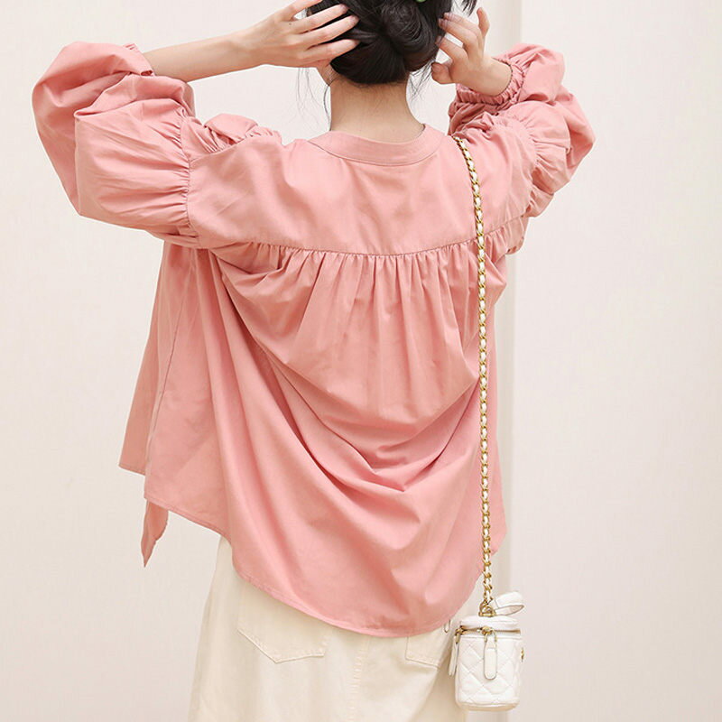 シャツ 羽織り レディース 夏 薄手 チュニック ブラウス 長袖 ボリューム スリーブ シャツブラウス コットン トップス ロングシャツ 羽織もの 大きめ 冷房対策 UV対策 シャツ バンドカラー バルーン袖 おしゃれ きれいめ たっぷりギャザー 大きいサイズ ゆったり 大人可愛い