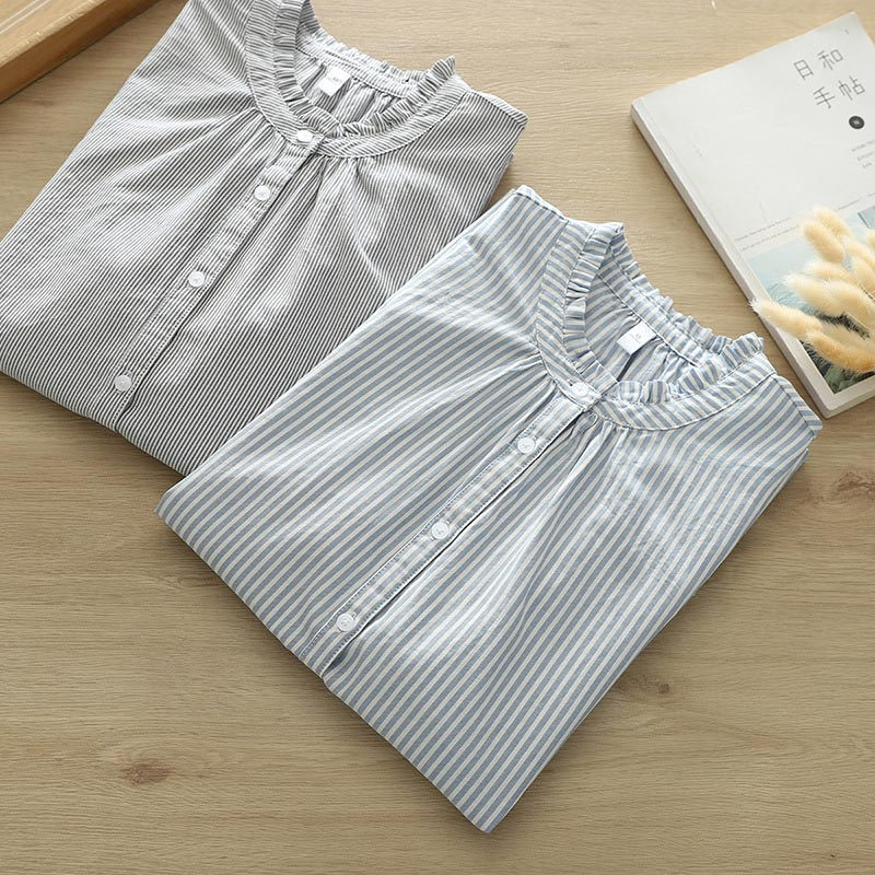 ブラウス 半袖 ストライプ シャツ レディース 襟フリル トップス 夏 シャツブラウス 半袖シャツ 襟付き 立ち襟 半袖ブラウス 柄 おしゃれ　綿シャツ 春 夏 ストライプシャツ 綿 コットン フリル 襟 大人可愛い 通勤 通学 オフィス 清楚感 きれいめ 柔らかい 吸汗 速乾 コーデ