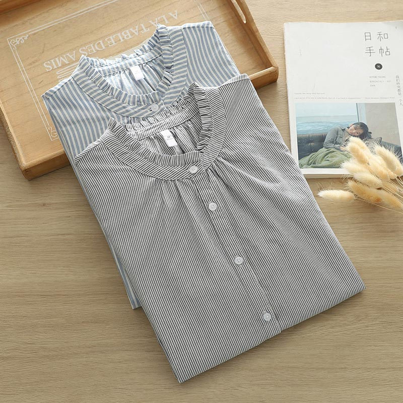 ブラウス 半袖 ストライプ シャツ レディース 襟フリル トップス 夏 シャツブラウス 半袖シャツ 襟付き 立ち襟 半袖ブラウス 柄 おしゃれ　綿シャツ 春 夏 ストライプシャツ 綿 コットン フリル 襟 大人可愛い 通勤 通学 オフィス 清楚感 きれいめ 柔らかい 吸汗 速乾 コーデ