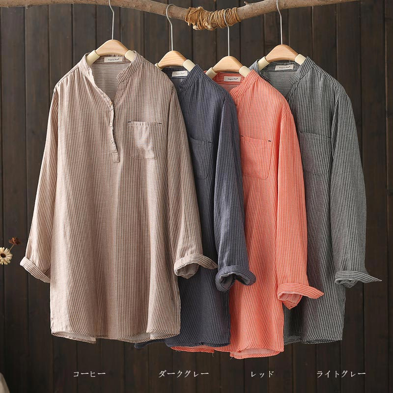 チュニック ブラウス 長袖 綿100 シャツ ストライプ レディース トップス シャツブラウス ロング 長袖シャツ 春夏 秋 プルオーバー シャツチュニック 大きいサイズ ロングシャツ キーネック スキッパー おしゃれ 立ち襟 ゆったり 体型カバー 大人 ママ シンプル 送料無料