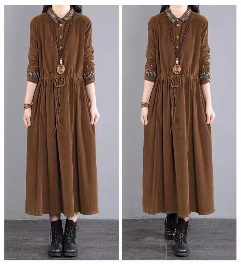 シャツワンピース 長袖 秋 コーデュロイ ワンピース レディース きれいめ ロングワンピース 秋冬 刺繍入り ワンピース ロング マキシ丈 長袖ワンピース マキシワンピース 50代 カジュアル 大きいサイズ 無地 おしゃれ ゆったり シャツワンピース 襟付 ポケット 40代 送料無料