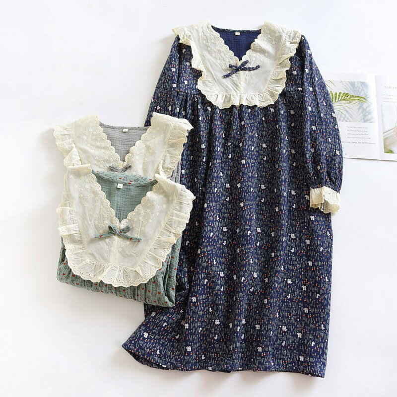 ルームウェア ワンピース 長袖 パジャマ レディース 綿100％ ルームワンピース 春 秋 秋冬 ワンピース 部屋着 ロング ミモレ丈 ゆったり ネグリジェ ナイトウェア 寝巻き ワンピ フリル 柄 お洒落 可愛い ギフト プレゼント かわいい ガーゼ コットン レース きれいめ 大人