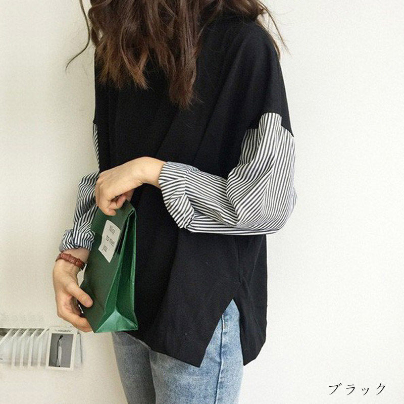 カットソー 長袖 レディース Tシャツ 切り替え トップス チュニック tシャツ 春 夏 秋 ドッキング おしゃれ きれいめ 長袖tシャツ ストライプ 柄 大きいサイズ ゆったり プルオーバー ドッキングTシャツ クルーネック 着痩せ 体型カバー 春秋 大人可愛い 40代 50代 送料無料