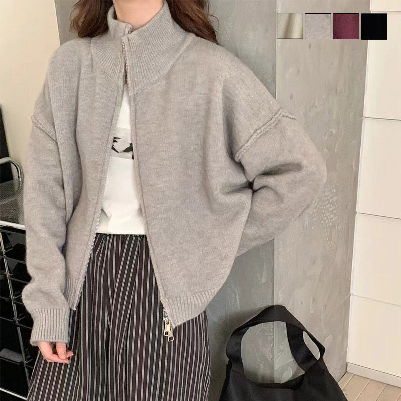 カーディガン レディース 秋冬 ダブルジップ ニット トップス ショート ニットカーディガン セーター リブニット 長袖 カジュアル ニットトップス 厚手 ハイネック ニットセーター リブ アウター 羽織り 無地 きれいめ おしゃれ シンプル 30代 40代 グレー 黒 送料無料