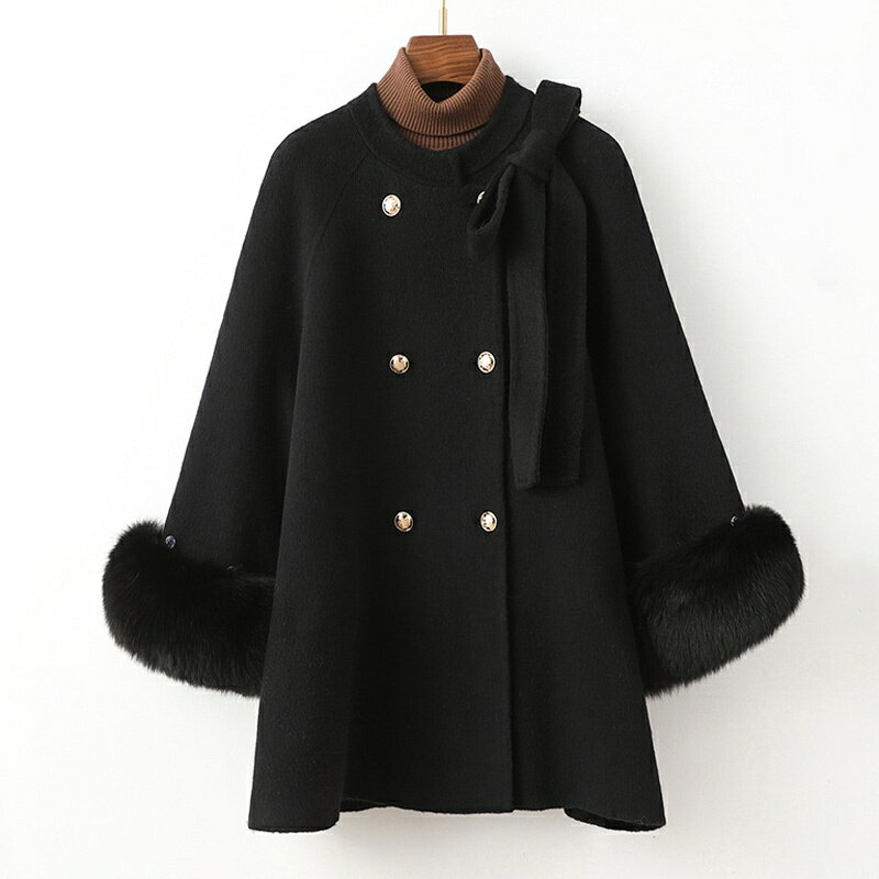 【クーポンで13,122円】ウールコート レディース 冬 ミドル丈 コート きれいめ ウール ノーカラーコート ポンチョ コート 大きいサイズ 一枚仕立て ファー 付き レディース ダブルフェイス ポンチョ ジャケット 冬 アウター 秋 おしゃれ リボン トレンド 3