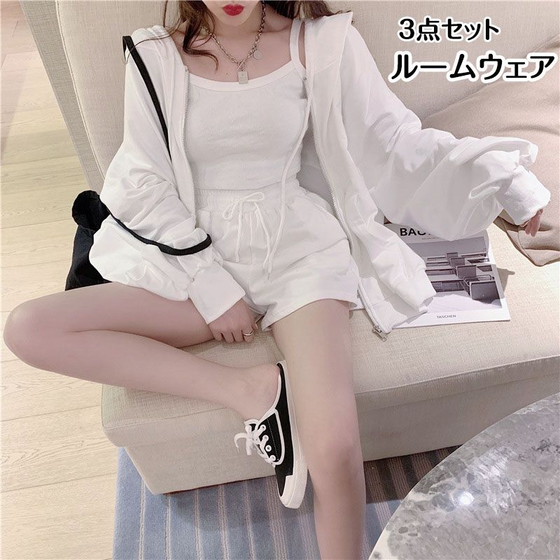 ルームウェア レディース セットアップ 上下セット パーカー キャミ ショーツ 春 部屋着 ワンマイルウェア 可愛い お洒落 シンプル 無..