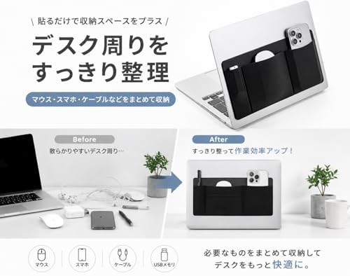 【送料無料】ノートパソコン 収納ポケット 貼り付け式 ガジェットポーチ PC背面収納 3ポケット マウス ケーブル 小物整理 薄型 軽量 テレワーク 在宅勤務 ブラック karabo-10026175 KARABO 楽天市場店 サンプル画像2