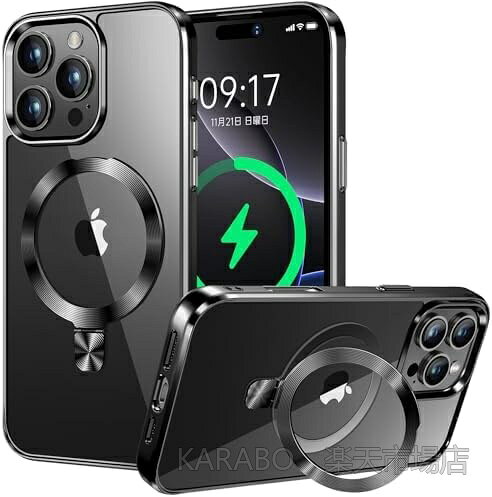 【送料無料】【CD柄マグネットリング・スタンド一体型】iPhone 16 Pro用クリアケース MagSafe対応 耐衝撃 軍用MIL規格 ストラップホール付き 角度調整可 高級感 6.3インチ対応 ブラック