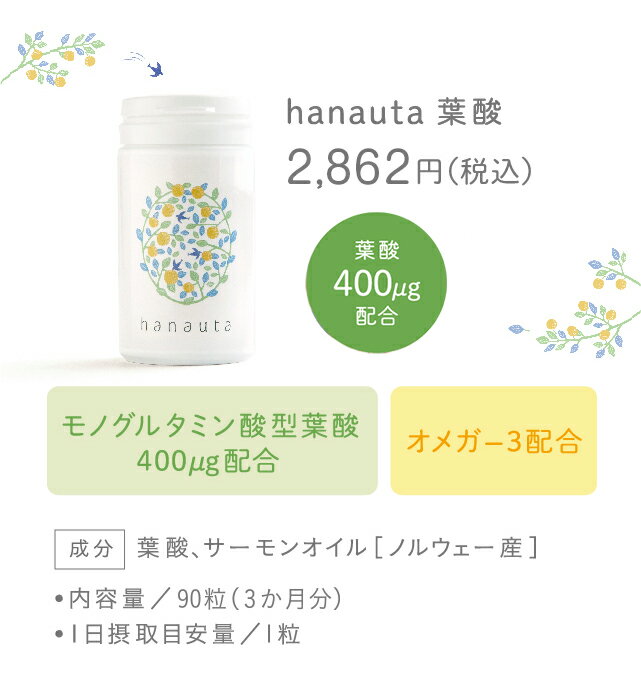 【送料無料】hanauta 葉酸 サプリ(モノグルタミン酸型葉酸 / オメガ−3配合 / 3ヶ月分 / 厚生労働省推奨量配合 / はなうた)/モノグルタミン酸型葉酸サプリメント オメガ-3 DHA EPA サーモンオイル 妊婦 妊娠 妊活中もおすすめ 厚労省