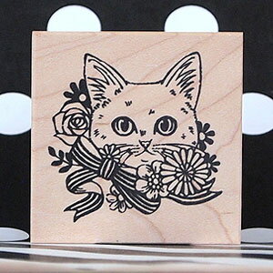 つぶあん ラバースタンプ ねことお花 縦43.5mm×横45mm (0088H-5555)