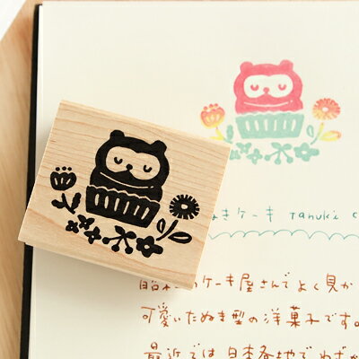 はんこどり ラバースタンプ たぬきケーキとお花 縦31.6mm×横40.6mmのサムネイル