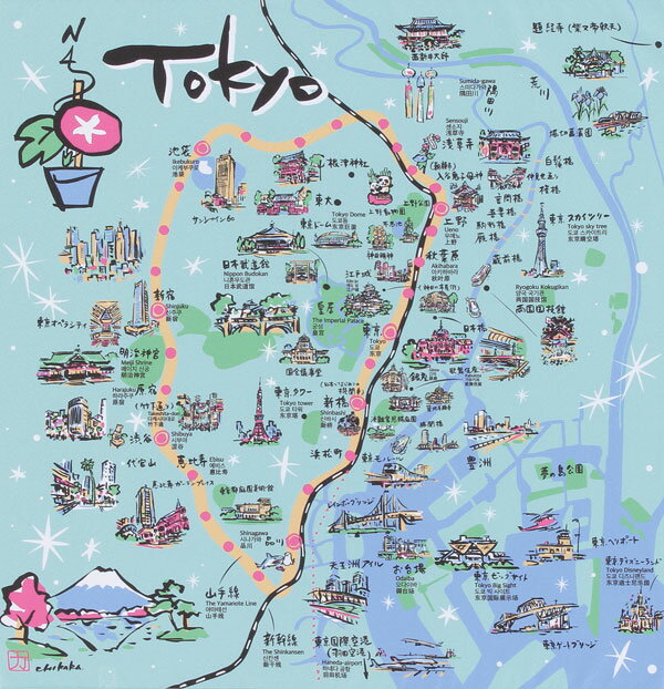 イラストレーター渡辺チカラ氏による名所イラスト入りの東京の地図が描かれた風呂敷です。 英語・韓国語・中国語の駅名も入っております。 東京旅行のおともにいかがでしょうか。 ※全体に地図が描かれており、ネーム加工いたしますと地図の一部に名前が重なりますので、ネーム加工ができません。 サイズ 70cm 素材 ポリエステル100％ パッケージ ビニール包装 備考 ※モニターの発色の具合によって実際のものと色が異なる 場合があります。ポリエステルの風呂敷　東京地図ふろしき「みちのしるべ 東京」70cm　風呂敷専門店・唐草屋