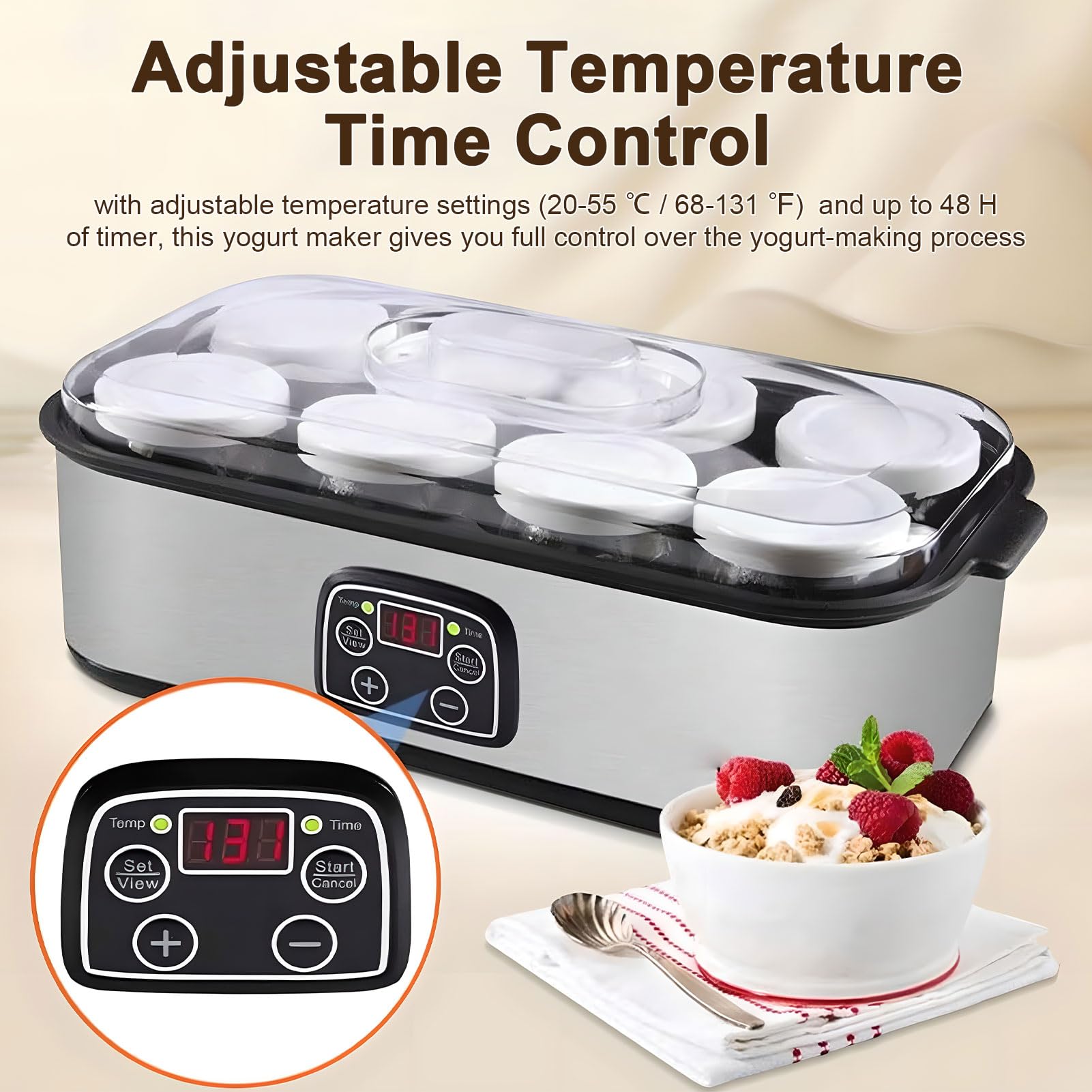 ヨーグルトメーカー、調節可能な温度と時間制御を備えた自動ヨーグルトメーカーマシン、ガラス瓶付きのデジタルヨーグルトメーカー、新鮮で健康的な自家製デザートを作るため