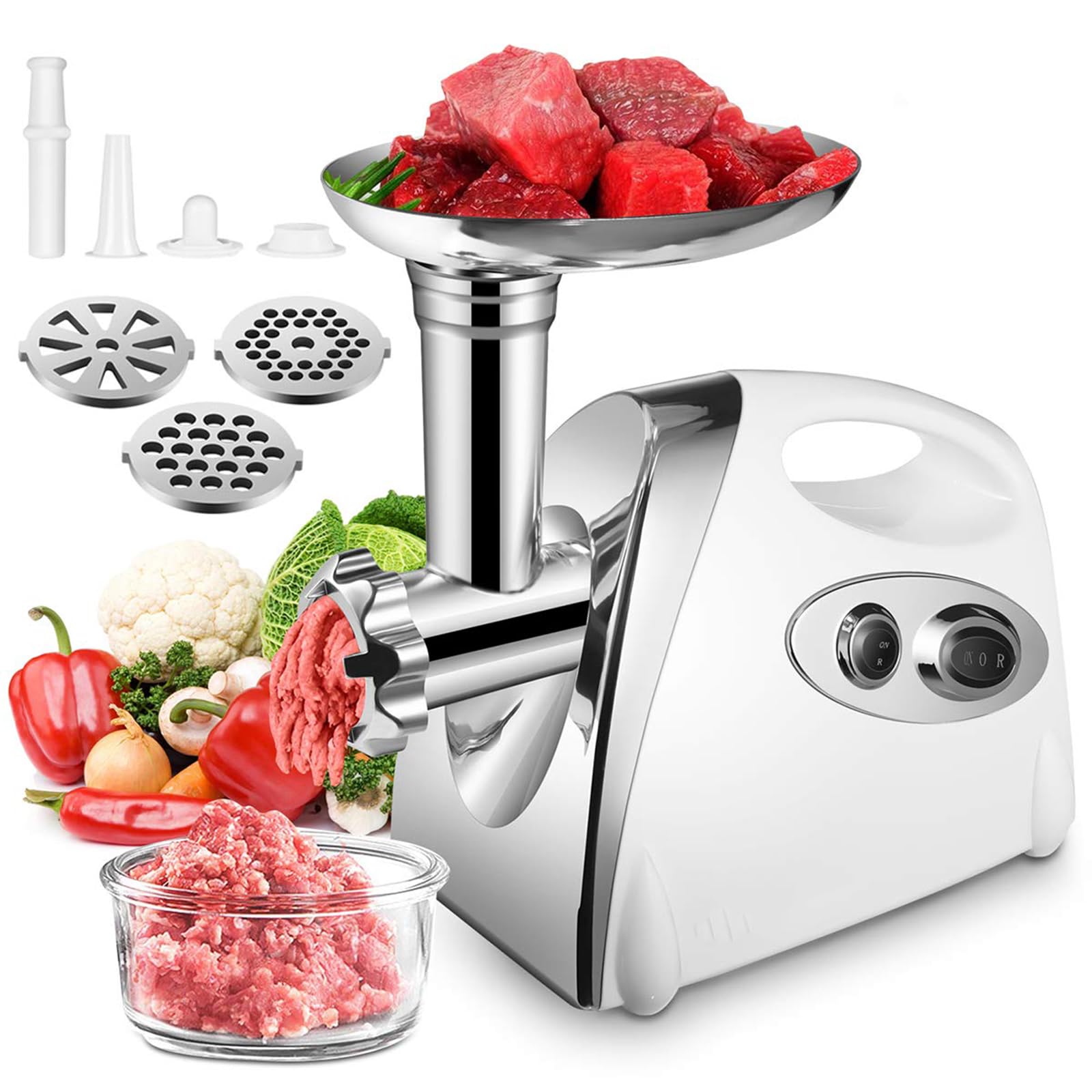 110V家庭用 業務用 電動ミンサー ミンチ機 肉挽き器 3種類カット ミートグラインダー 野菜みじん切り器 腸詰め機 カットプレートと腸詰めノズル付 電動ミンサー 肉ひき 野菜/みじん切り/腸詰め 肉や魚を簡単にミンチに 家庭用 業務用