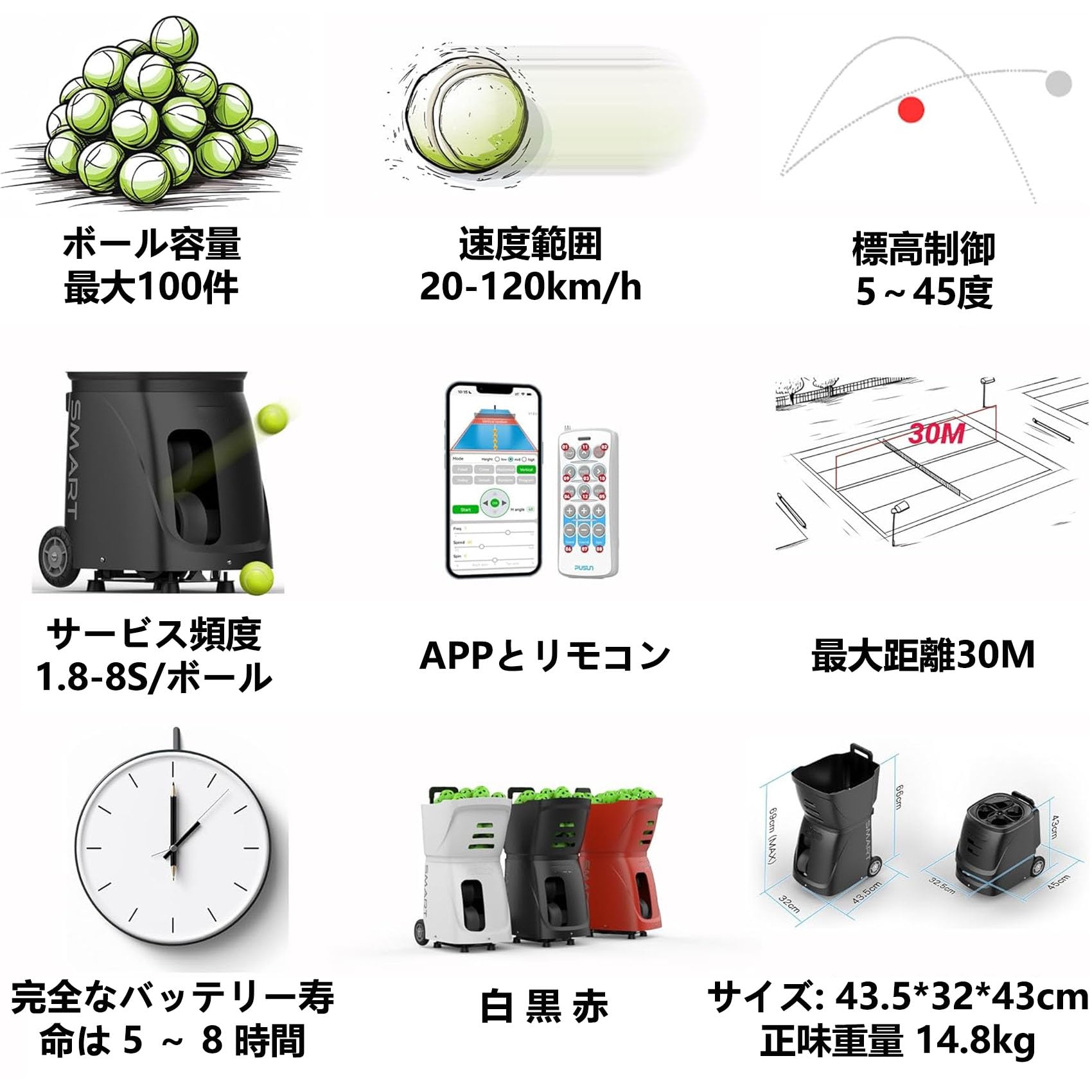 テニス 球出し機 自動 ソフトテニス 練習 20-120km/h リモコン app制御 ボール100...