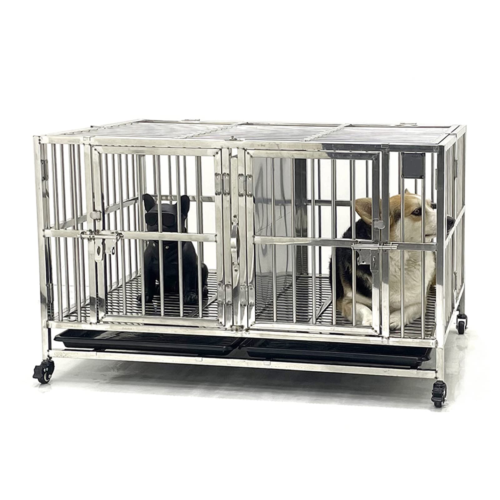 テンレス製の犬用ケージ 2匹の犬が喧嘩しないように真ん中に仕切りがあります, 屋内と屋外に適していま..