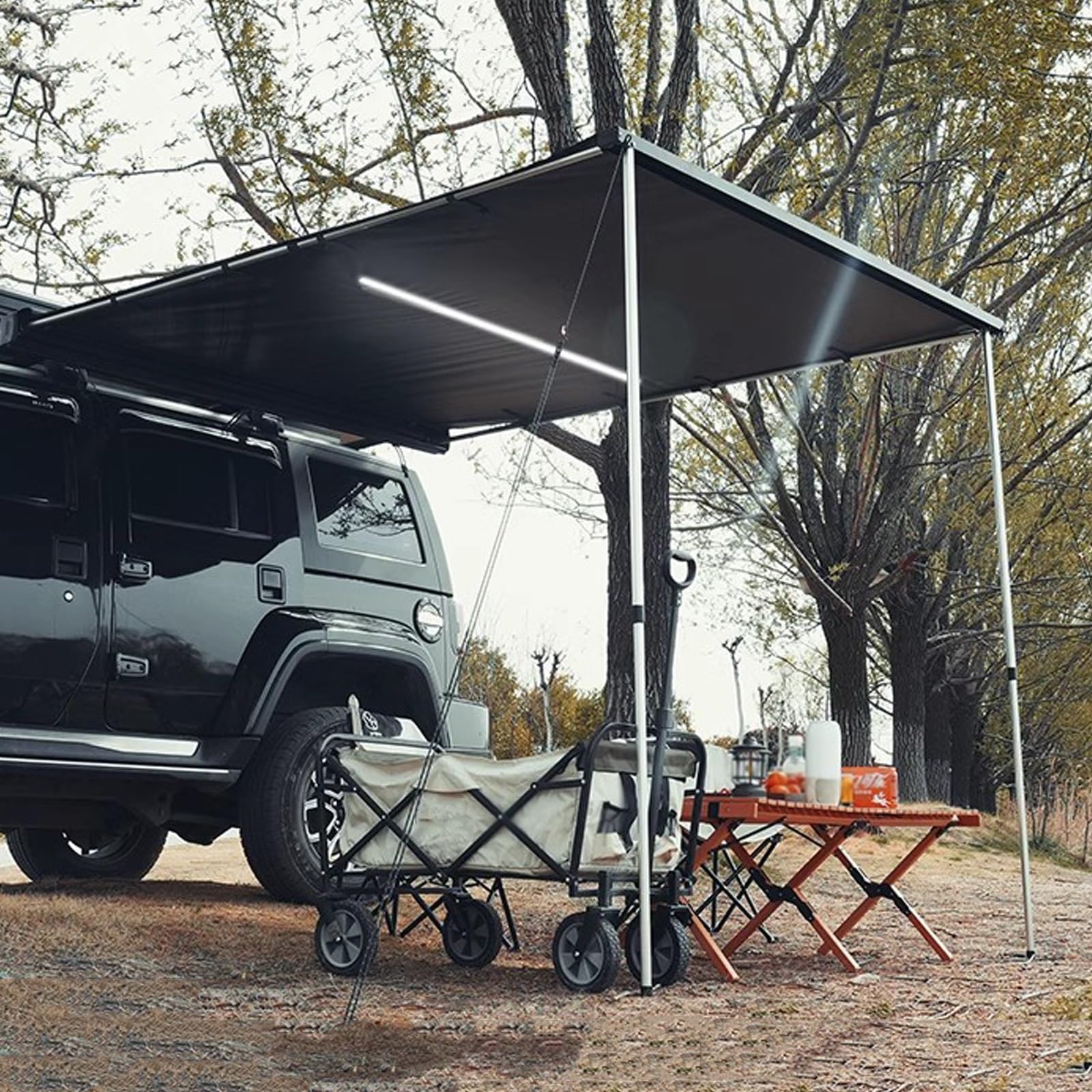 車 サイドオーニング カーサイドタープ カーオーニング LEDライトバー付き アルミ合金ハウジング リップストップ200Dオックスフォード生地 UPF50+防水PU 5000mm 車/SUV/トラック/バン用