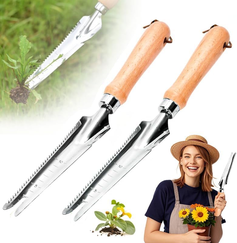 草むしり道具 雑草抜き 根こそぎ 5in1多機能ツール 目盛り付き 防錆 ステンレス 木製ハンドル 片手用 ..