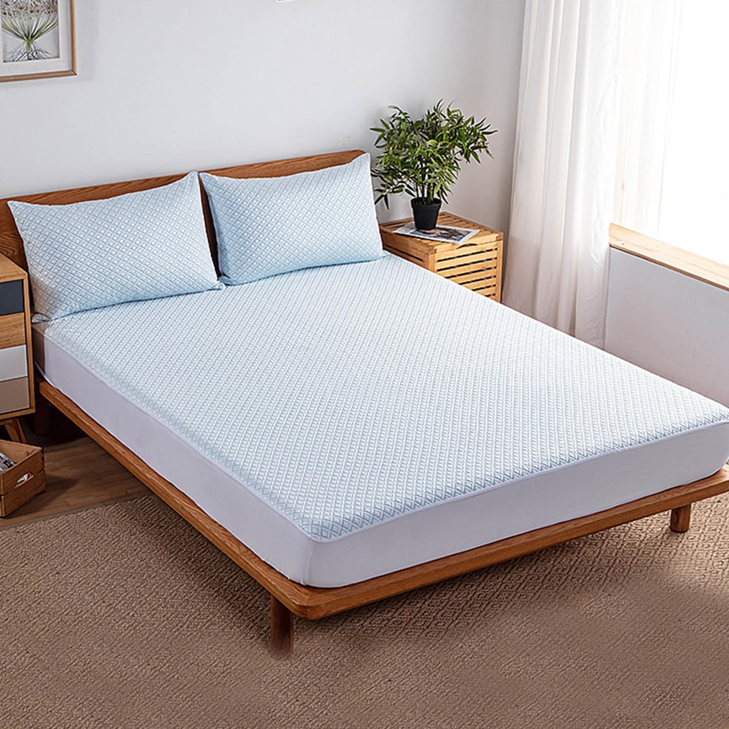 マットレスプロテクター 防水 クイーンサイズ 通気性 冷却シルク ノイズなし 洗濯機で洗える 冷感 ベッ..