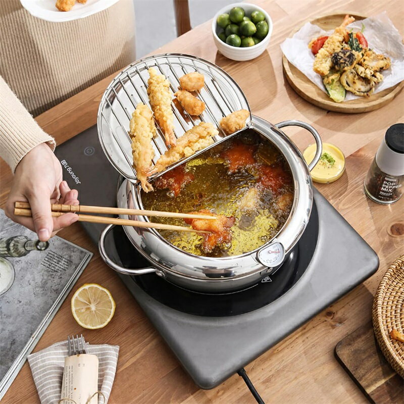 天ぷら鍋 揚げ物鍋 IH対応 温度計付き 20cm 24cm 28cm 揚げ鍋 両手鍋 小さい 揚げ鍋 揚げ物 調理器具 ガス火対応 天ぷら用鍋 フライヤー なべ お鍋 アミ付き 蓋付き 温度計 304ステンレス製 天婦羅鍋