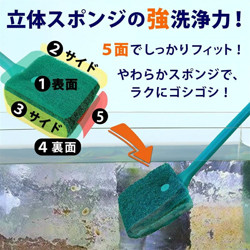 UMAYA-Select.TOKYOの水槽 掃除 コケ取り スポンジ 軽量 ブラシ 2個セット アクアリウム 水槽そうじ用品 水槽こけとり掃除 メダカ水槽掃除 コケ取りブラシ スクレーパー ロング｜アングル3