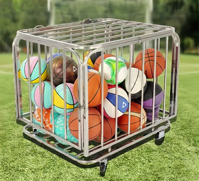 カートバスケットボール バスケットボールラック ボール整理 ボールカゴ スポーツ用品オーガナイザー スポーツボール収納カート ボールカート、ステンレス素材耐食性、防錆性、高温および低温耐性、滑らかでバリのない、蓋とホイール付き 大容量バスケットボールオーガ