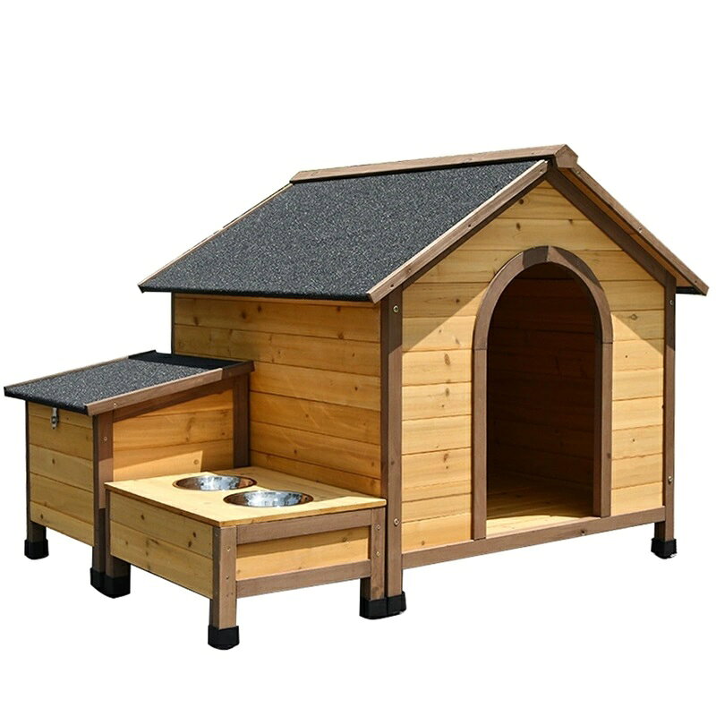楽天UMAYA-Select.TOKYO大型サイズの木製犬小屋 大型犬用の犬用クレート アスファルト屋根のフードボウル 水入れ付きキャビンスタイルの高床式犬用シェルター