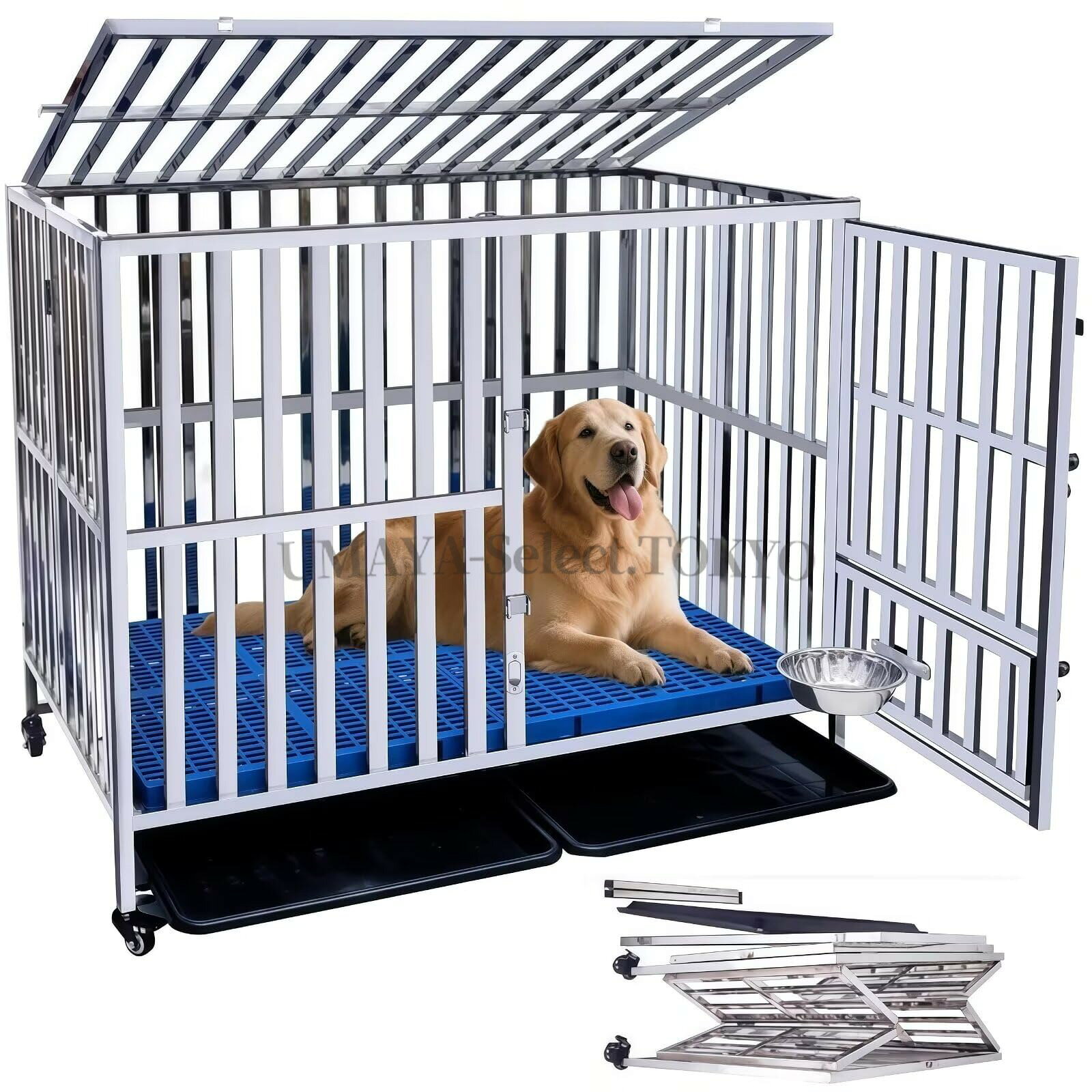 【商品名】犬のケージ ステンレス鋼 ペットケージ 大型 長さ125×幅95×高さ110.5cm 犬 フェンス 折りたたみ可能 キャスター付き 掃除簡単 ダブルドア/トレー/マット/給餌器付き 適用小型/中型/大型犬 脱走防止 室内外兼用【価格】70668円【商品説明】【頑丈で耐久性】犬ゲージ高品質のステンレス鋼で作られ、頑丈で耐摩耗性があり、犬がかじることによる変形を心配する必要はありません。サビにも強く室外室内両方に兼用します。塗装やホルムアルデヒドもなく、安全で環境に優しいです。ご注意：サイズ測定では1-3cmの誤差があります。予めご了承ください。【移動に便利】四つのキャスター付きで、お掃除の時はも楽々移動します！キャスターにロックもついているので、固定ができ、安定性にご心配なく！ また、キャスターは滑り止め付きの静音タイプを採用しているため、全体的にとても静かで、愛犬により快適な環境を提供します。【折り畳み可能で犬用ケージ】この犬用ゲージは折り畳み式で、完全溶接されており、ネジを一切使用していないため、ネジの緩みによる不安がなく。使用しないときは、折りたたんで隅に置くことができ、場所を取りません、また、外出時には折りたたんで簡単に持ち運ぶことができる。【犬用ケージのパノラマ天窓】ケージの上部は開閉可能で、パノラマ天窓を通して愛犬と触れ合うことができ、親密なコミュニケーションを楽しめます。また、給餌用の小さな扉があり、柔軟に開閉できるため、給餌【商品名】犬のケージ ステンレス鋼 ペットケージ 大型 長さ125×幅95×高さ110.5cm 犬 フェンス 折りたたみ可能 キャスター付き 掃除簡単 ダブルドア/トレー/マット/給餌器付き 適用小型/中型/大型犬 脱走防止 室内外兼用【価格】70668円【商品説明】【頑丈で耐久性】犬ゲージ高品質のステンレス鋼で作られ、頑丈で耐摩耗性があり、犬がかじることによる変形を心配する必要はありません。サビにも強く室外室内両方に兼用します。塗装やホルムアルデヒドもなく、安全で環境に優しいです。ご注意：サイズ測定では1-3cmの誤差があります。予めご了承ください。【移動に便利】四つのキャスター付きで、お掃除の時はも楽々移動します！キャスターにロックもついているので、固定ができ、安定性にご心配なく！ また、キャスターは滑り止め付きの静音タイプを採用しているため、全体的にとても静かで、愛犬により快適な環境を提供します。【折り畳み可能で犬用ケージ】この犬用ゲージは折り畳み式で、完全溶接されており、ネジを一切使用していないため、ネジの緩みによる不安がなく。使用しないときは、折りたたんで隅に置くことができ、場所を取りません、また、外出時には折りたたんで簡単に持ち運ぶことができる。【犬用ケージのパノラマ天窓】ケージの上部は開閉可能で、パノラマ天窓を通して愛犬と触れ合うことができ、親密なコミュニケーションを楽しめます。また、給餌用の小さな扉があり、柔軟に開閉できるため、給餌