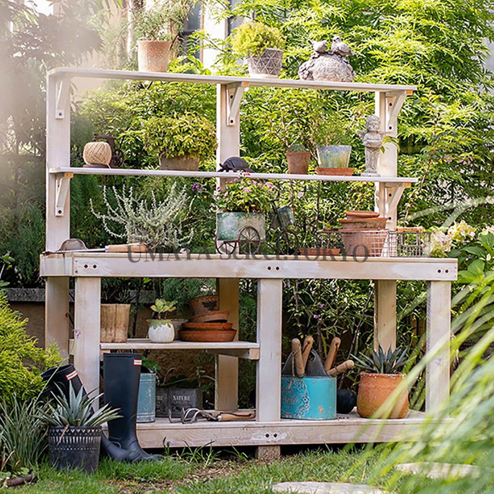 樂天商城 - 屋外用 木製 植木台 DIY ガーデンワークステーション 4段 多機能 収納ラック 付き パティオ 中庭 ベランダ 用 作業台 ガーデニング テーブル 庭仕事 道具 整理 省スペース コンパクト 設置 簡単 天然木 調