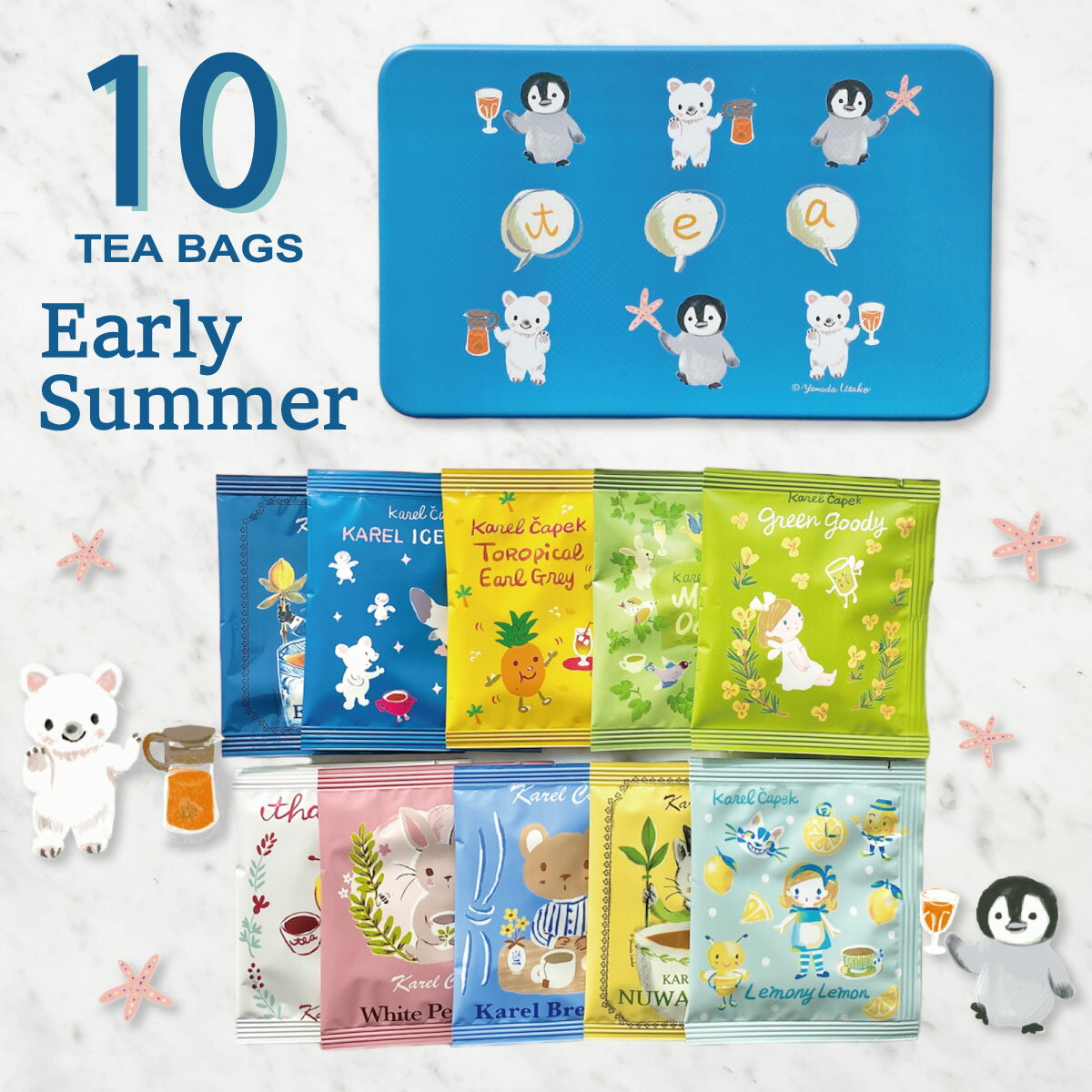 缶入り ティーバッグ10枚 ギフト ペンギン しろくま 水出し 夏 カレルチャペック紅茶店 個包装 ラッピング 内祝い お返し プレゼント 誕生日 贈り物 詰め合わせ 10Tea lover缶 海辺の仲間たち2023のサムネイル