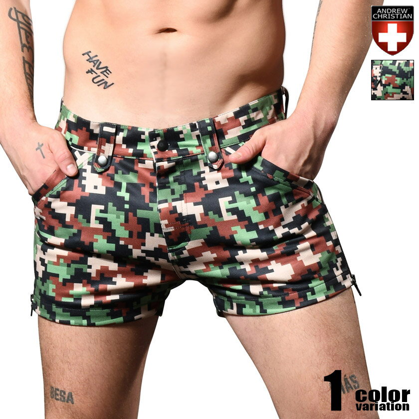 AndrewChristian/アンドリュークリスチャン Army Skinny Stretch Zipper Shorts ジッパー スリット モザイク 迷彩柄 ドット アーミー ピクセル ファスナー ショートパンツ メンズ ボトムス 短パン