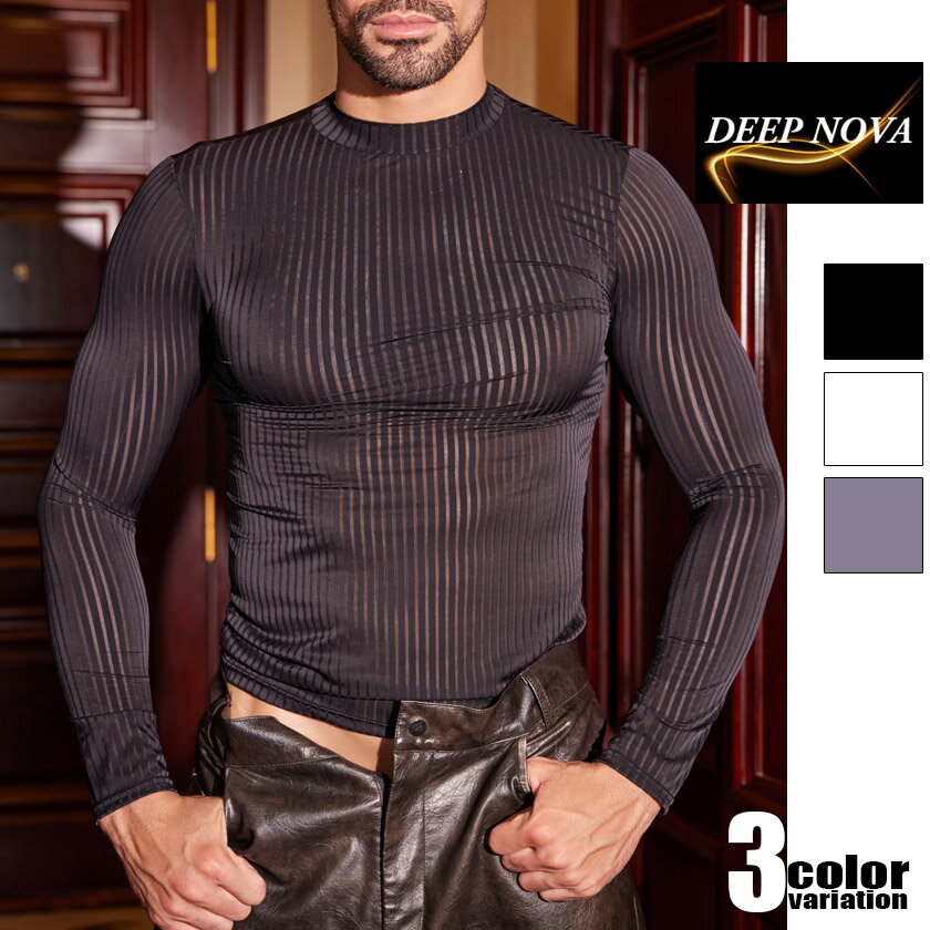 DEEP NOVA/ディープノバ 長袖 シースルー ボーダー　透け　メッシュ ロングスリーブシャツ インナーシ..