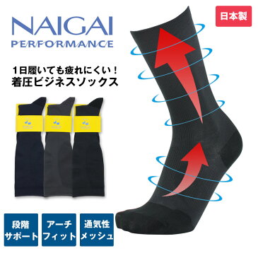 NAIGAI PERFORMANCE ナイガイ パフォーマンス 紳士 着圧ソックス 男性用ソックス ビジネスソックス クルー丈 靴下 ソックス メンズ プレゼント ギフト 国産 日本製 日本の靴下 父の日 ふくらはぎ むくみ対策 段階サポート 父の日