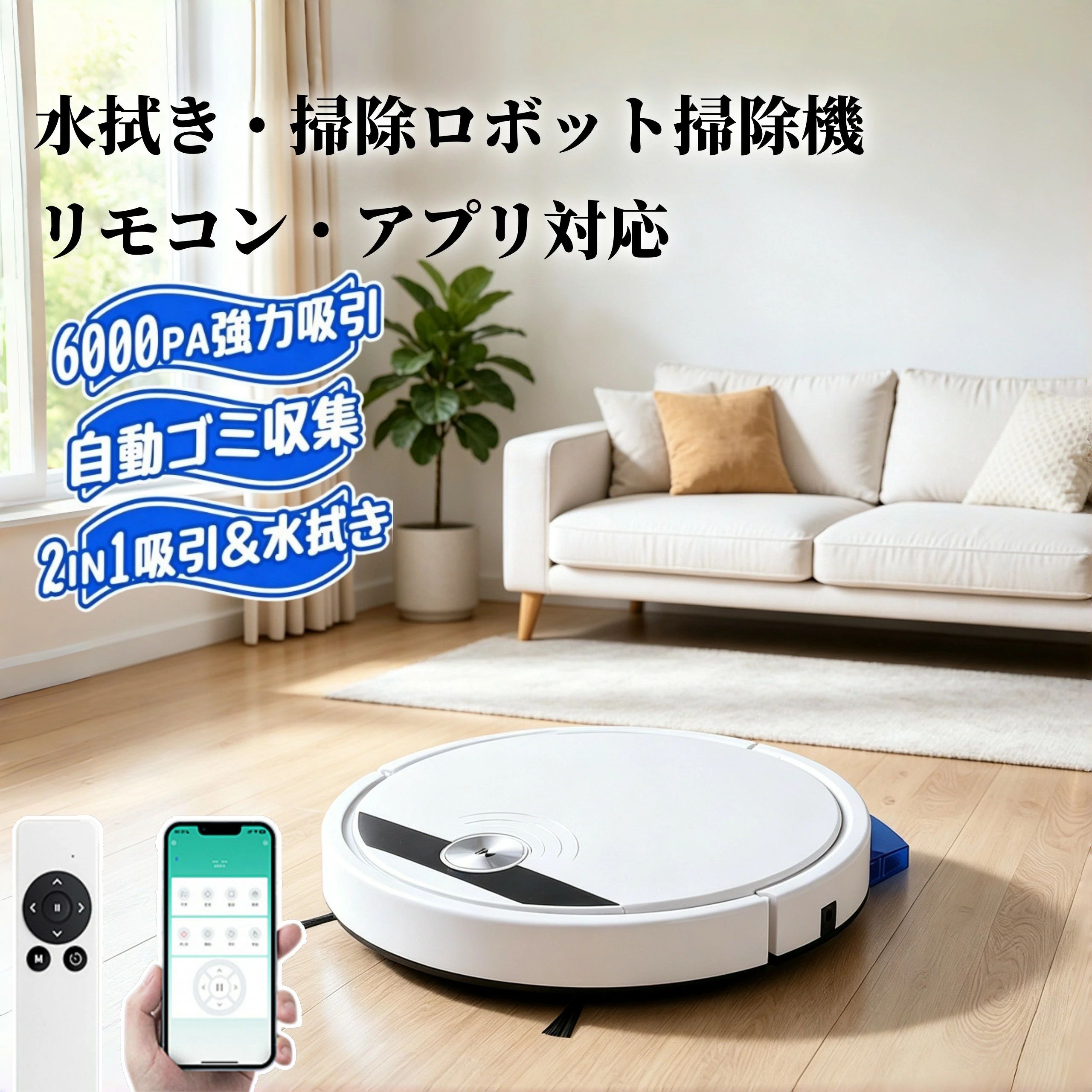 ロボット掃除機 お掃除ロボット 6800Pa 強力吸引 安い 全自動掃除機 水拭き 拭き掃除 USB充電 落下防止 静音 超薄型 高性能 シンプル操作 リモコン付き