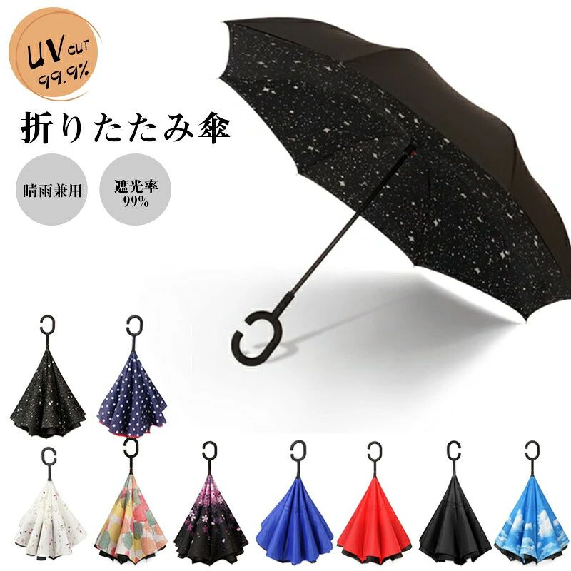 商品情報製品仕様長傘（8本骨）使用時サイズ：約直径95cm×高さ55cm本体重量：約510g商品説明■周りにちょっとした気遣いを！アイデア商品です。■傘を畳むと濡れた部分が内側に！■ボタン開閉式。■C型持ち手なので手首や腕にかけてもOK。■風にあおられても傘の骨が折れにくい。■内側に模様がありおしゃれです。■一年中季節問わず使うことができ、梅雨対策にもUV対策にも欠かせない優秀なアイテム！注意事項※生地や個体差でサイズと重さが若干異なる場合ございます。※撮影環境やパソコンのディスプレイなどの影響により色が若干違って見える場合もあります。※製品には尖った部分があります。傘の開閉時には顔や身体から離して周囲の安全を十分に確認の上ご使用ください。※お子様には保護者からご注意下さい。ご使用後は必ず陰干しにしてからおしまいください。【P10倍+10％OFFクーポン限定！】雨傘 レディース 長傘 日傘 晴雨兼用 ダブルレイヤー 逆さ傘 折りたたみ傘 おしゃれ UVカット 8本骨 遮光 梅雨対策 熱中症対策 携帯便利 プレゼント【送料無料】 雨傘 長傘 折りたたみ傘 ダブルレイヤー 逆さ傘 5