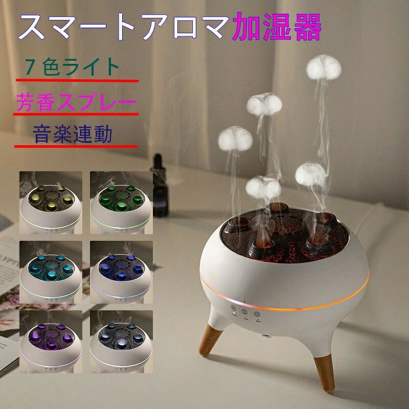 商品情報製品名：スマートアロマ加湿器色：ホワイト容量：250ml機能：アロマ/超音波加湿噴霧量：15-30mL/h製品サイズ：約 幅160×奥行160×高さ140mmお部屋の乾燥対策と癒やしの空間を同時に叶える、新感覚の音声操作対応アロマ加湿器が登場しました。【主な特徴】音感応答機能：音楽のビートや声に反応して、ミストの噴射が変化します。2WAY噴霧モード：「躍動するクラゲモード」と「集中加湿のストレートモード」を切り替え。7色変化ムードライトワイヤレスリモコン：離れた位置からでも全ての操作を簡単に行えます。安心設計：水切れ時には自動で電源オフ。大口設計でお手入れ簡単。アロマ対応：お好みの精油を数滴垂せば、お部屋中が心地よい香りに包まれます。【音楽に反応！】音楽のリズムや音声に反応して、煙がクラゲのようにふわふわと踊りだす「クラゲモード」 。まるで水槽の中のクラゲのように優雅に漂うミストは、見ているだけでリラックスでき、SNSでも話題間違いなしの神秘的な光景をお楽しみいただけます。もうひとつの「ストレートミストモード」 では、従来の加湿器のようにしっかりと湿度を補給。ご用途やお気分に合わせて、2種類の噴霧モードをお選びください。【7色の変化するライト】本体には7色に変化する優しいLEDライトを内蔵。お部屋が一気にムーディーな空間に早変わりします。就寝時のナイトライトとしてもお使いいただけます。【リモコン付き】付属のワイヤレスリモコンで、ソファやベッドに寝たままでもらくらく操作可能。大口設計でお水の補充やお手入れも簡単です。水切れ自動オフ機能付きで、安心してお使いいただけます。【完璧なギフト】自分自身や愛する人に、美しくデザインされたクラウド加湿器でリラックスできるギフトを贈ってください。 この加湿器は、ホテルの会議室、寝室、息苦しい部屋、オフィス、レストラン、キャンプなどに最適です。 お部屋の装飾としてもお使いいただけます。【関連キーワード】加湿器 ハイブリッド ハイブリッド式加湿器 4L 超音波加湿器 超音波式加湿器 加湿器 大容量 最新型 卓上加湿器 上から注水タイプ 静音 超音波式かしつき お手入れ簡単 空焚き防止機能付き 手軽 乾燥対策 置き場所 床置き 事務所 オフィス 部屋 学校 幼稚園 家庭用 会社 乾燥対策 お肌 保湿 効果 空焚き防止 UVライト UV 除菌ライト 自動OFF アロマ アロマ対応 シンプル ホワイト 乾燥肌 鼻詰まり 空焚き防止機能 上から注水 ミスト濡れない 空気清浄機 一人暮らし おすすめ おしゃれ 人気 電気代 省エネ 実感 秋冬用 加湿器 加熱式 加湿器 大型 業務用加湿器 アロマディフューザー 加湿器 寝室 アロマ加湿器 お歳暮 引越し祝い 新居 バレンタイン バレンタインデー ホワイトデー 母の日 父の日 敬老の日 クリスマス 誕生日 還暦祝い お祝い ギフト プレゼント リビング おすすめ ブラックフライデー 加湿器 上から給水 大容量 加湿器 上部給水 クリスマスプレゼント