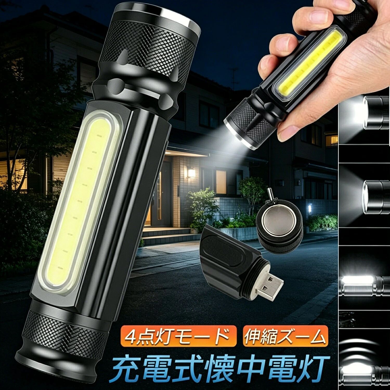 商品詳細商品名：LED作業灯 / 懐中電灯バッテリー：1800mAh内蔵 /&nbsp;充電：USB式輝度：800ルーメン /&nbsp;照射：最長500m /&nbsp;使用時間：最大約10時間モード：COB強/弱 / T6点灯/点滅（4モード）特徴：マグネット付き / フォーカス調整 / 生活防水 / アルミ合金製商品説明あなたのDAYを、SUNNYに変える雑貨屋さん daysunnydaysunnyのLED作業灯は、懐中電灯＋ワークライトの1本2役。広い照射と長距離照射を両立。 4点灯モード：ワンタッチ切替。 800ルーメン＆最長500m照射：フォーカス調整可。 1800mAhバッテリー：連続約10時間使用可。 マグネット付き：金属面に貼り付け可。 高品質＆生活防水：アルミ合金製で耐久性抜群。活用シーン作業 / アウトドア / 夜釣り / 防災 / キャンプ / 車修理購入前のご確認事項モニター環境により色味が異なる場合があります。サイズは誤差が生じる場合があります。商品発送後の住所変更は不可。完璧品をお求めの方はご購入をお控えください。関連キーワードLED作業灯 / 懐中電灯 / ワークライト / 充電式 / マグネット付き / 防災グッズ / アウトドア / ギフト / daysunny
