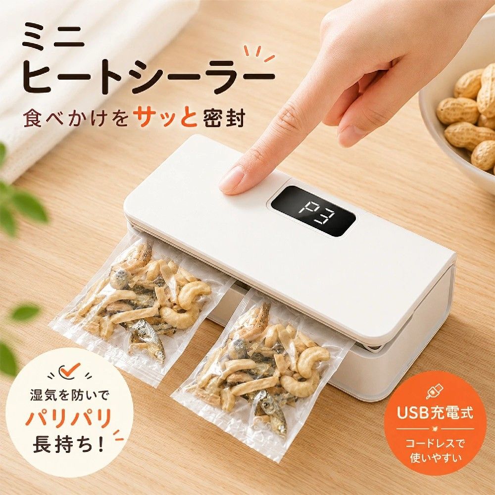 商品情報商品名USB充電式 ミニヒートシーラー用途食品袋の密封・保存補助給電方式USB Type-C充電式温度調整6段階調整機能密封・開封（カッター付き）特徴予熱不要／コンパクト／マグネット付き対応袋例お菓子袋・パン袋・保存袋・冷凍食品袋など使用場所キッチン・アウトドア・旅行先など注意事項加熱部分には触れないでください。長時間の連続使用はお控えください。お子様の手の届かない場所でご使用ください。メーカー希望小売価格メーカー希望小売価格はメーカーサイトに基づいて掲載していますメーカー希望小売価格はメーカーサイトに基づいて掲載していますメーカー希望小売価格はメーカーサイトに基づいて掲載しています【2026最新型】ヒートシーラー ミニシーラー USB充電式 フードシーラー ハンディシーラー 6段階温度調整 予熱不要 マグネット付き 小型 コンパクト 密封 保存 湿気対策 お菓子袋 冷凍保存 キッチン用品 押すだけで簡単密封！食品の鮮度をしっかりキープするUSB充電式ミニヒートシーラー 開封後のお菓子や食品、「輪ゴムやクリップでは密閉しきれない…」と感じたことはありませんか？このミニヒートシーラーなら、袋をサッと挟んで押すだけ。湿気・酸化・ニオイ移りを防ぎ、食品の鮮度をしっかりキープします。6段階温度調整機能付きで、薄手のお菓子袋から厚手の保存袋まで幅広く対応。さらに、便利なカッター付き2WAY設計で「開封」と「密封」がこれ1台で完結します。USB Type-C充電式だから乾電池不要。コンパクト＆マグネット付きで、冷蔵庫などへ貼り付け収納も可能です。キッチン・アウトドア・旅行先など、さまざまなシーンで活躍する便利アイテム。毎日の食品保存を、もっと手軽で快適に。こんな方におすすめ・食べかけのお菓子を湿気から守りたい・食品のニオイ移りを防ぎたい・冷凍保存をもっと便利にしたい・コンパクトで使いやすいシーラーを探している・繰り返し使えるエコな保存グッズが欲しい■6段階温度調整袋の厚みに合わせて温度調整可能。お菓子袋・パン袋・保存袋・冷凍食品袋など幅広く対応します。■予熱不要ですぐ使える面倒な待ち時間なし。ボタンを押してそのままスムーズに密封できます。■開封＆密封の2WAY仕様便利なカッターを内蔵。袋の開封から密封保存までこれ1台で対応できます。■しっかり密封して鮮度キープ湿気・酸化・ニオイ移りを軽減し、食品を衛生的に保存。毎日のフードロス対策にもおすすめです。■USB Type-C充電式繰り返し使える充電タイプ。乾電池不要で経済的＆環境にもやさしい設計です。■コンパクト＆マグネット付き冷蔵庫などに貼り付け収納可能。省スペースでサッと使えます。 5