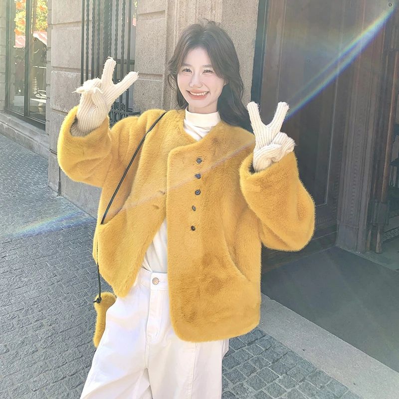 大人20代30代40代暖かい 新作 お洒落 おしゃれ 毛皮コート 冬服 防寒 カジュアル可愛い 着痩せ 通勤 モコモコ暖かい きれいめ アウター 防寒防風 体型カバー 無地 秋冬新作 OL 韓国風 イエロー ゆったり 送料無料 大人 ショート丈 体型カバー アウター 韓国風