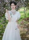 半袖 ワンピース プリンセスドレス 森ガール系 お花嫁 レースワンピース レトロドレス ジャカード花柄 お姫系 ブライダル レトロ パーティードレス ミモレ丈 お呼ばれ レース 発表会 ロング丈ドレス