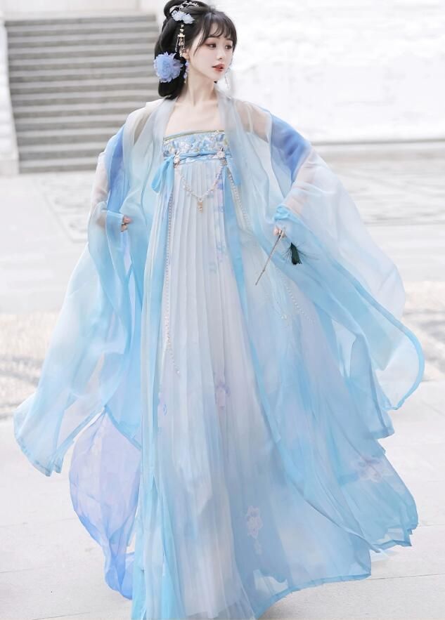 文化祭 ドレス+羽織 中国古代 ブルー イベント 華流 コスプレ衣装 漢服 貴妃ドレス レディース お嬢様ドレス おしゃれ コスプレ衣装 ハロウィン 唐朝 学園祭 コスチューム 美人服