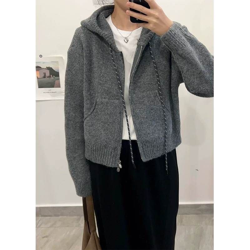 デート おしゃれ かわいい レディース 冬 通勤 秋 ニットカーディガン 大人可愛い 上品 きれいめ ショッピング 休日 シンプル アウターカジュアル グレー 女子会 フード付き ゆったり お出かけ かっこいい 通勤 カジュアル パーカー セーター