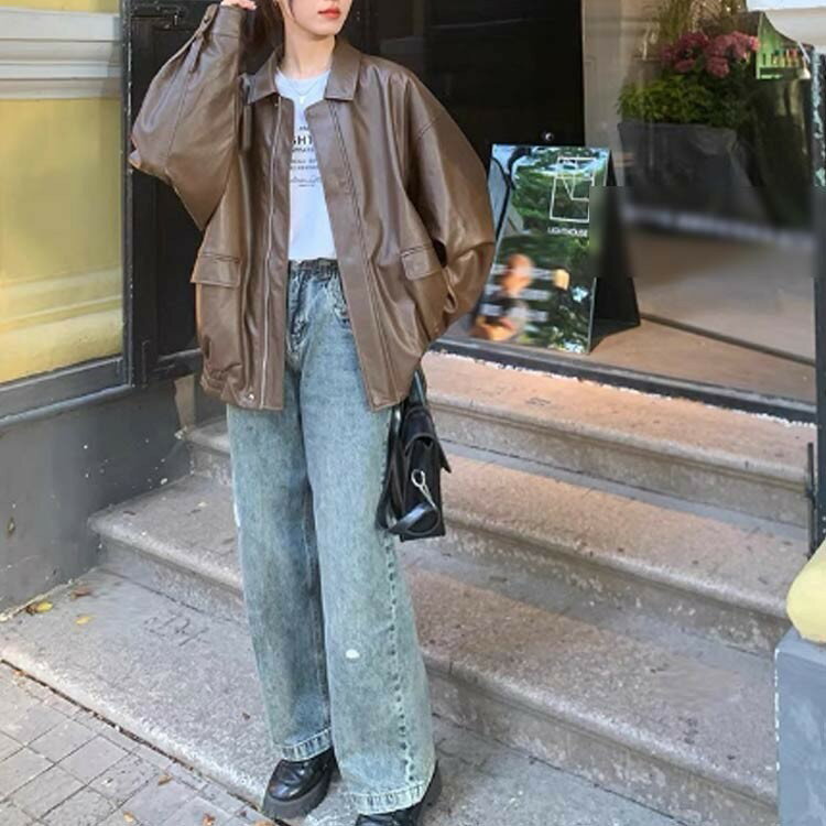 ドロップショルダー 秋服 秋 カジュアル おしゃれ オーバーサイズ 冬 大人 レディース 秋冬 レザージャケット アウター ブルゾン ゆったり 無地 ライダースジャケット シンプル フェイクレザージャケット 革ジャン(4)