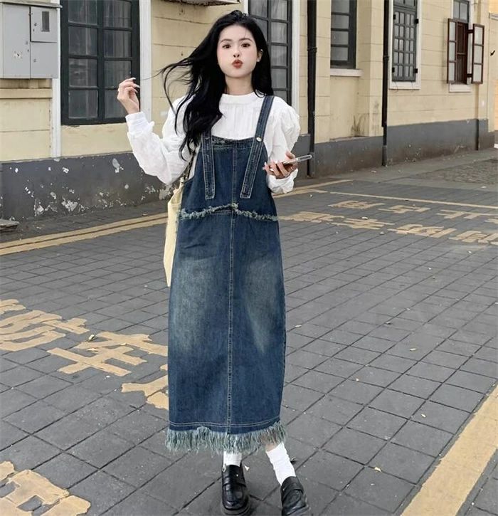 体型カバー ゆったり 綺麗め ミディアム お洒落 サロペットスカート Aライン デニム オーバーオール 可愛い ロングワンピース ジャンパースカート サロペットワンピース ポケット