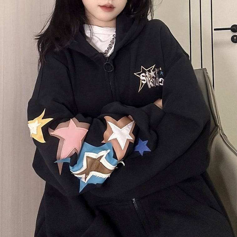 ママ 袖あり ビックシルエット ドロップショルダー ブラック アウター チュニック丈 20代 お洒落 春 ジップアップパーカー ポケット 冬 スウェット素材 アメリカン 長袖 秋冬 ママコーデ キュート ガーリー 40代 大人カジュアル フード付き パーカー レディース 星柄 30代