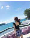 旅行 キュート 10代 女子ウケ 体系カバー ガーリー 男子ウケ 水着 デート 大人可愛い 海水浴 40代 シンプル 大人っぽい 谷間魅せ 送料無料 30代 ハイウエスト 20代 パッド付き セクシー 黒 タンキニ 可愛い 2点セット ツーピース ミニスカート 海 チェック柄 プール モテ