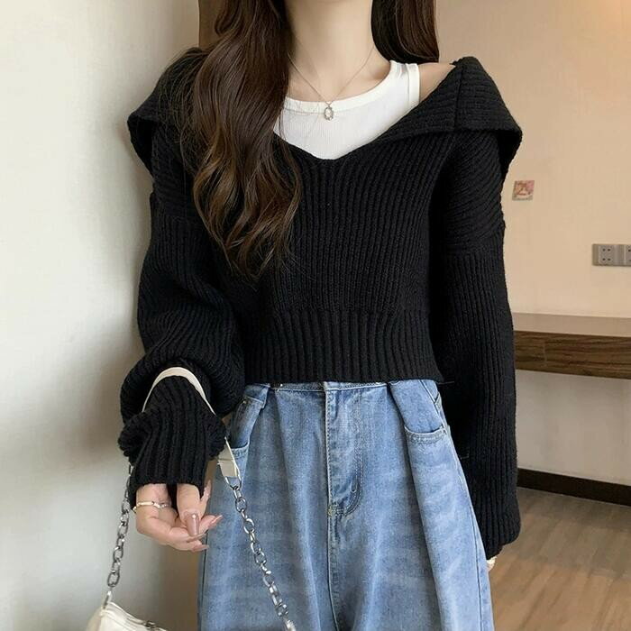 50代 襟付き 20代 カジュアル プルオーバー ビッグカラー ショート丈 カットソー ス 黒 冬 春 青 セーター 40代 白 クロップド丈 秋 ベージュ ホワイト レディース ニット ブラック 長袖 ブルー 可愛い 大人 30代 Vネック グレー